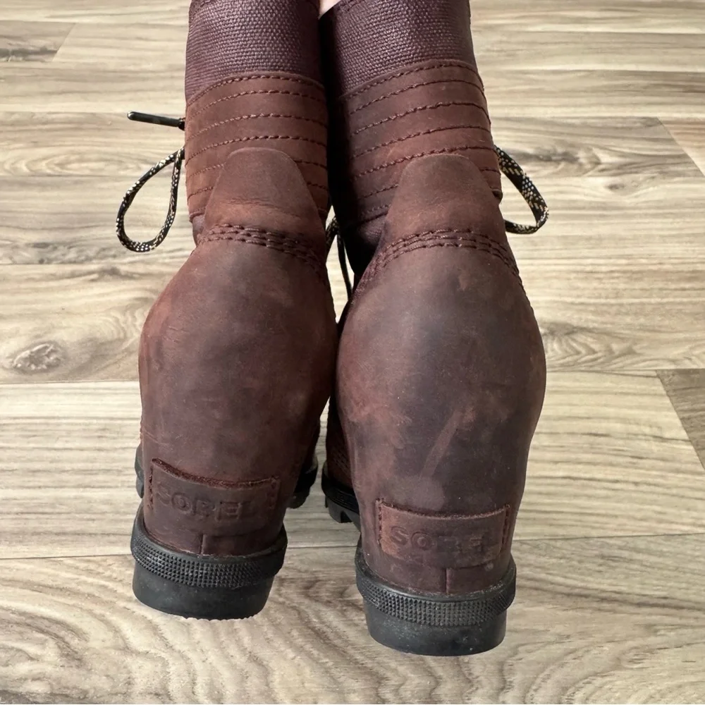 Sorel Women's Lexie Wedge Boots in Cattail Brown Leather Size 7.5
